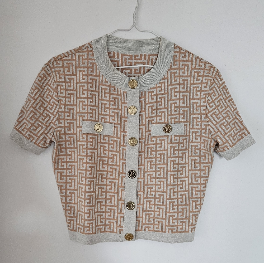 Balmain short sleeve crop top monogram cardigan Medium M